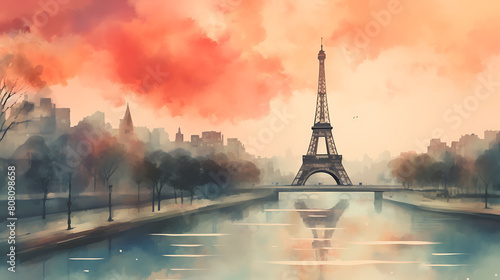 Generate a watercolor background with a dreamy Paris skyline at dusk, including the Eiffel Tower and River Seine photo
