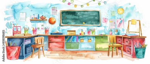 Watercolor of education depicting a colorful classroom in kid styles, Simple detail clipart cute watercolor on white background