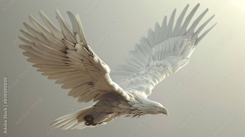Obraz premium A majestic white eagle sculpture captured in full flight, showcasing detailed feathers and a powerful expression.