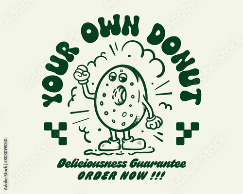 Groovy funky vector of donut mascot illustration cartoon style, retro and trendy graphic design for fashion wear, street wear, clothing line, apparel and urban style t shirt design, hoodies, etc.
