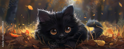 Black Feline Fantasy in Autumnal Forest Backdrop © Tanakorn
