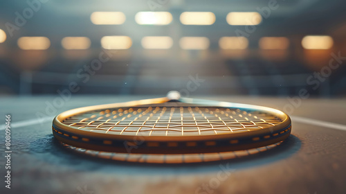 A closeup of Squash racket, against Court as background, hyperrealistic sports accessory photography, copy space photo