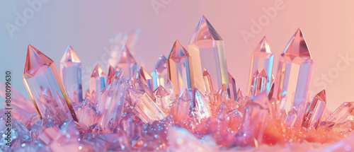 Crystal Growth, 3D crystal structures emerging from 2D geometric shapes, Isolated on pastel, Copy space photo