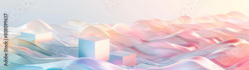 Geometric Illusion  3D cubes merging into a fluid landscape  Dynamic dimensions on a pastel background  Copy space