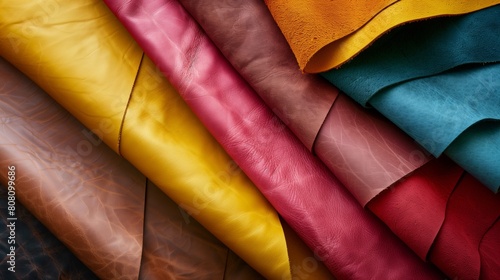 Leather Samples: Raw Leather Swatches in Brown, Yellow, Blue, Pink - Leather Samples in Earthy Tones & Textured Patterns - Material Leather Samples for Craft and Design. Top View Flat Lay