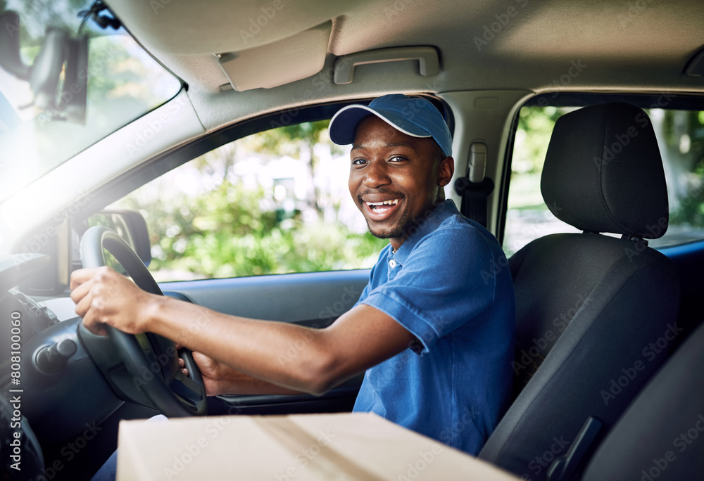 African delivery man, driving and smile in car with boxes, stock and portrait at job in supply chain. Person, courier and driver in commercial vehicle for cardboard package, shipping and transport