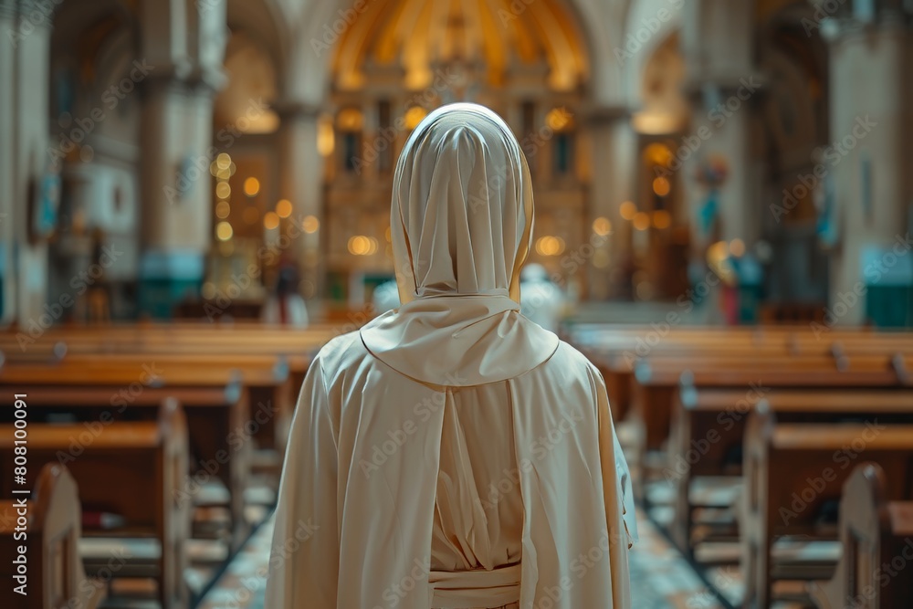 Nun in a traditional white habit stands reverently in a church Nun in a traditional white habit stands reverently in a church