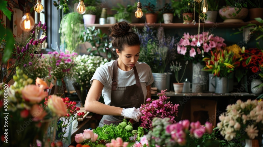 Florist in a flower shop arranging bouquets. 