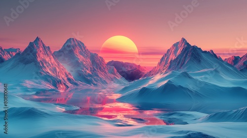 Sunset Glow on Snow-Covered Mountain Ridges photo