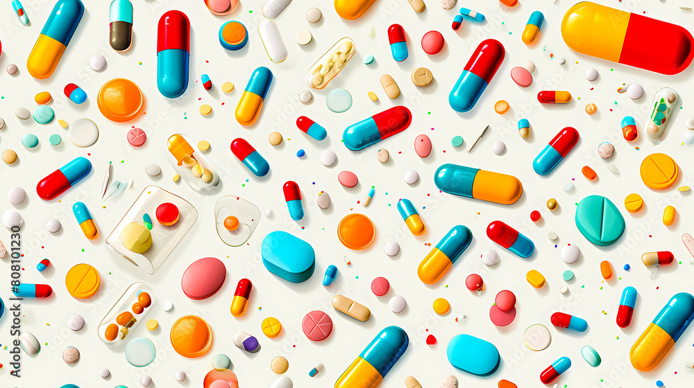 Seamless pattern with colorful pills and capsules on a white background Seamless pattern with colorful pills and capsules on a white background