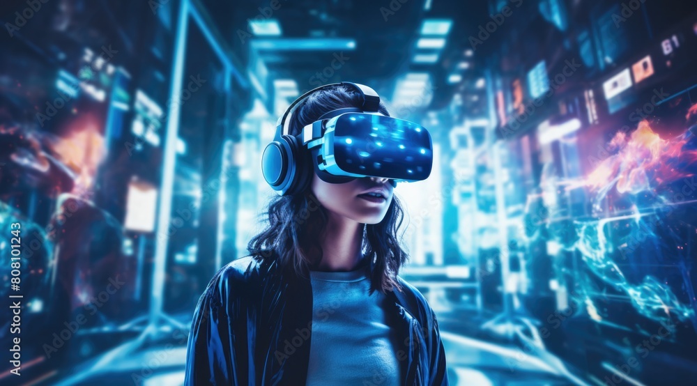 Woman wearing a virtual reality headset, in the style of vibrant futurism with neon light Woman wearing a virtual reality headset, in the style of vibrant futurism with neon light