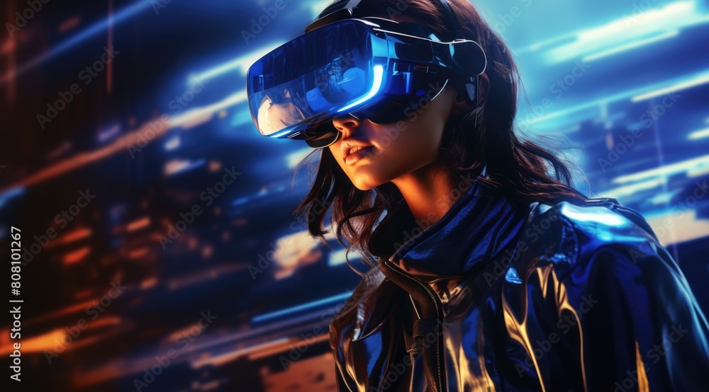 Girl wearing a virtual reality headset, in the style of vibrant futurism with neon light Girl wearing a virtual reality headset, in the style of vibrant futurism with neon light