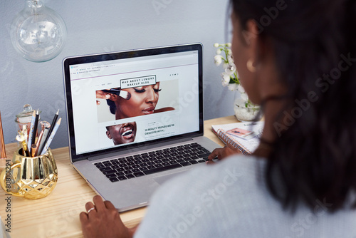 Fotografija Beauty, blog and girl and back with screen, reading online and cosmetology for elearning