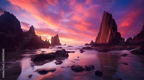 Beautiful panoramic seascape of rocky coastline at sunset