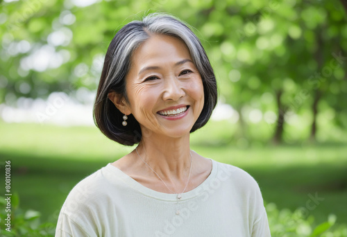 Elderly Japanese woman enjoying a peaceful stroll through a lush green park, radiating joy and contentment in the great outdoors 