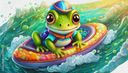 oil painting style CARTOON CHARACTER CUTE a beautiful baby frog rides a jet ski on the sea