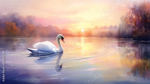 Generate a watercolor background with an elegant swan lake scene at dawn, reflecting the soft pastel colors of the sky
