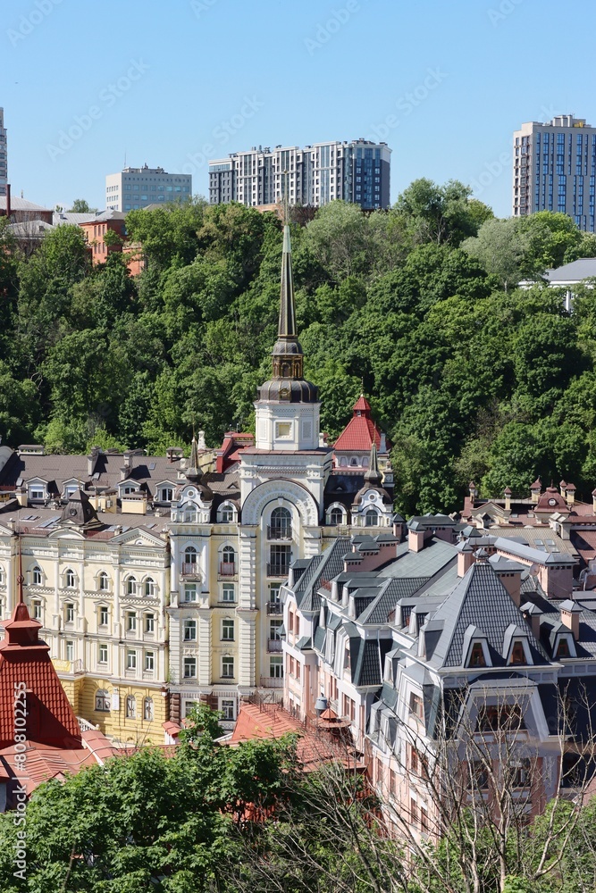 Obraz premium Ukraine, Kiev. Kyiv, Podol, Vozdvizhenka, city, architecture, view, travel, cityscape, building, panorama, landscape, house, urban, roof, landmark, town,