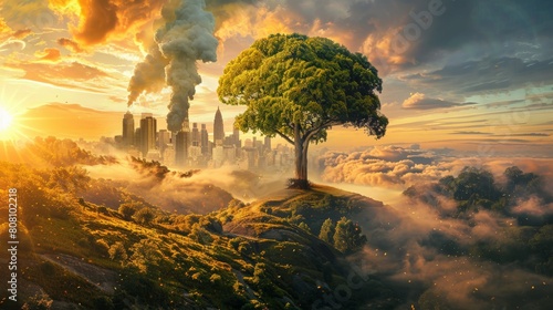 A large tree stands in front of a city. The tree is healthy and green, while the city is polluted and full of smog. The sky is orange and the sun is setting. photo