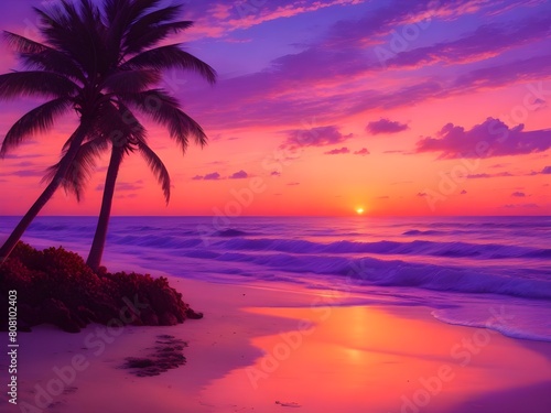 Beautiful sunset tropical beach with palm tree and pink sky for travel and vacation in holiday relax time  © Jazz Allen