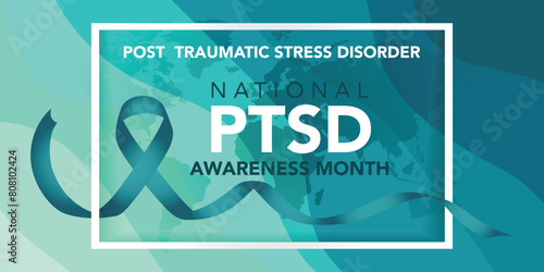 PTSD Awareness Month. National Post Traumatic Stress Disorder Month in June. Vector banner, poster, card for social media. The horizontal composition. Takes place in the United States. photo