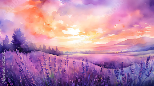 Generate a watercolor background of a vibrant sunset over a rolling lavender field