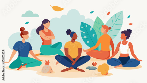 A group of friends take a break from their busy lives to unwind and get creative in a stretch and sketch class using natural elements such as leaves. Vector illustration