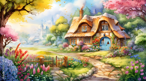 Generate a watercolor background depicting a quaint cottage garden in spring