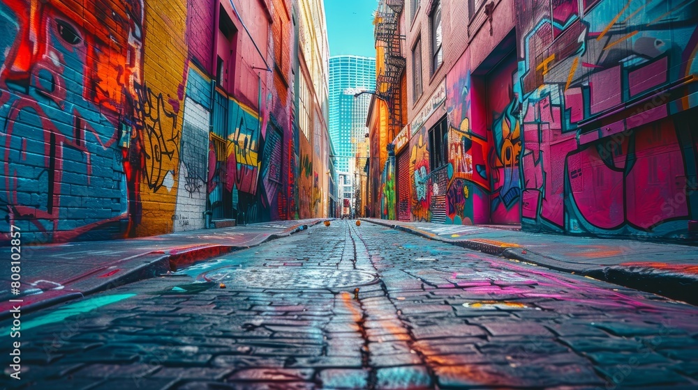 Fototapeta premium A vibrant street art mural in an urban alley, showcasing cultural diversity, soft shadowns, no contrast, clean sharp,clean sharp focus, digital photography