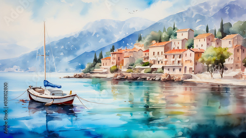 Generate a watercolor background with a serene view of a Mediterranean village by the sea, with boats and clear water photo