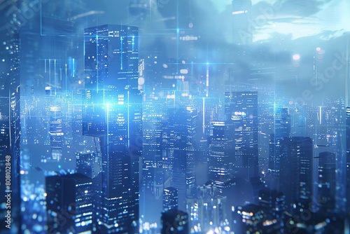 Futuristic city skyline with blue digital overlays, ideal for technologythemed presentations © nattapon98