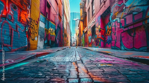 A vibrant street art mural in an urban alley  showcasing cultural diversity  soft shadowns  no contrast  clean sharp clean sharp focus  digital photography