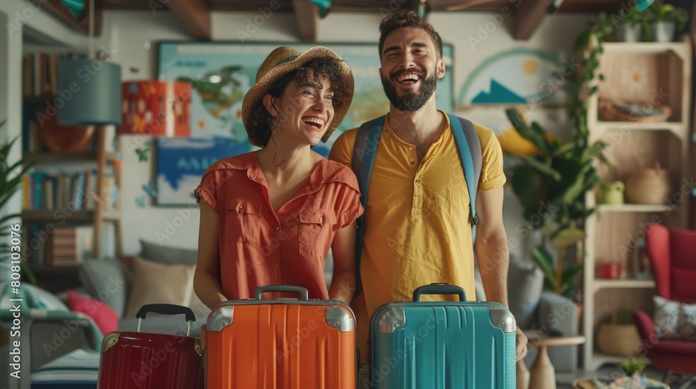 Couple in their living room, standing together with packed suitcases for summer holiday. , reinforcing the traveling and vacation concept. 