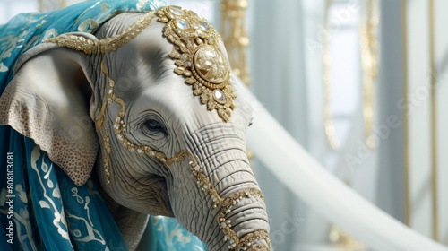 A white elephant with gold and blue decorations on its face and ears