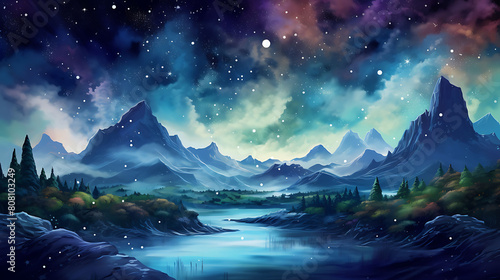 Generate a watercolor background depicting a surreal landscape with floating islands, waterfalls, and a clear, starry night sky photo