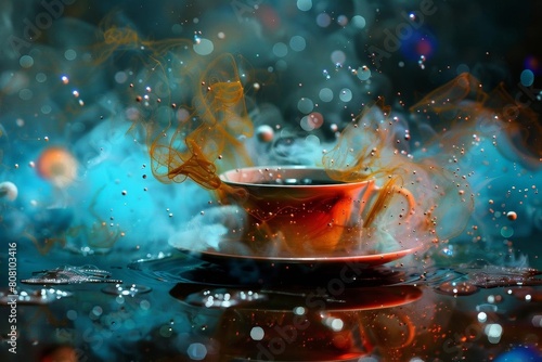 A surreal scene of a coffee cup with elements of fluid dynamics and particle effects