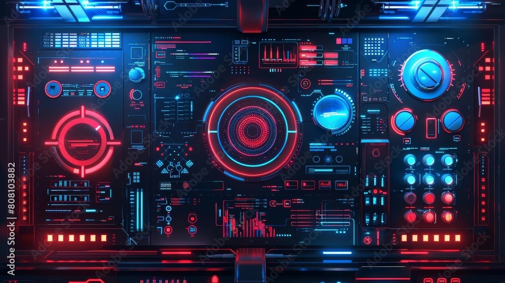 Futuristic interface with blue and red light elements, perfect for gaming or cyber themes