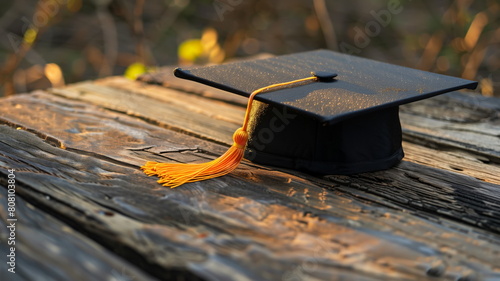 Black graduation cap left on wooden bench
