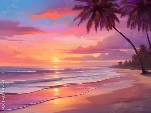 Beautiful sunset tropical beach with palm tree and pink sky for travel and vacation in holiday relax time 