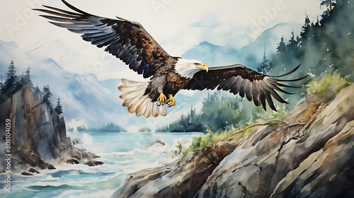 Generate a watercolor background depicting a majestic eagle soaring over a rugged coastline photo
