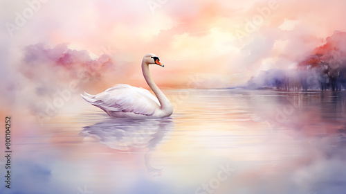 Generate a watercolor background with an elegant swan lake scene at dawn  reflecting the soft pastel colors of the sky