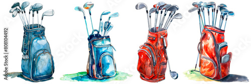 Set of watercolor golf bag with clubs, isolated on transparent background