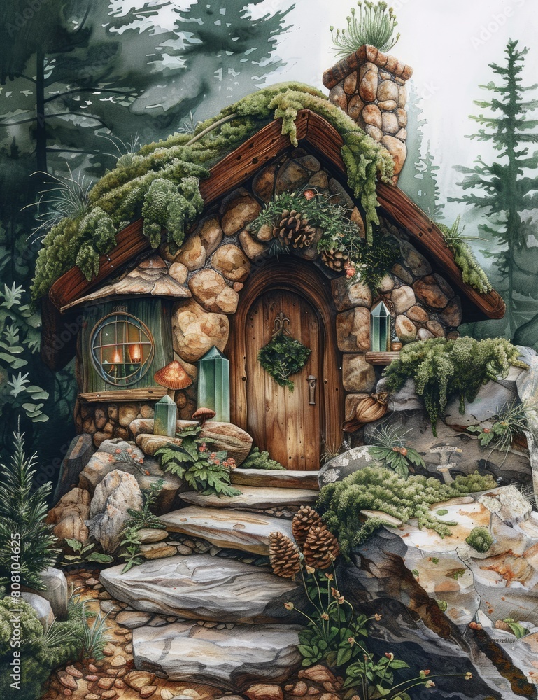 Fototapeta premium Watercolor illustration of a forest house decorated with greenery, pine cones, small mushrooms, emeralds and clear crystals