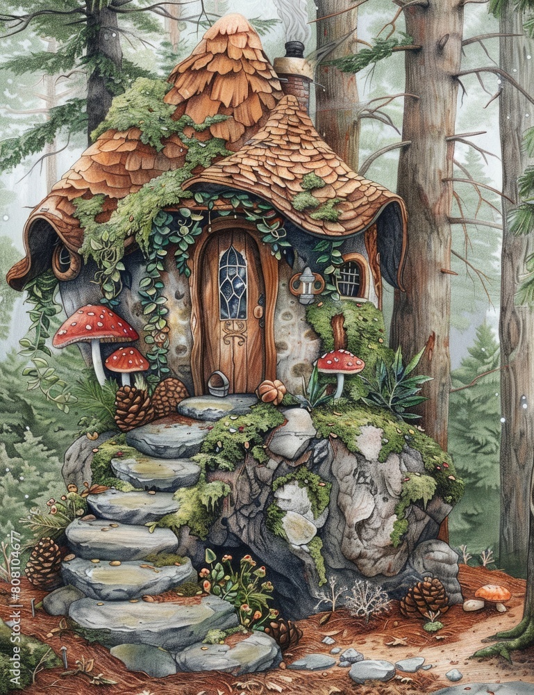 Watercolor illustration of a forest house decorated with greenery, pine cones, small mushrooms, emeralds and clear crystals