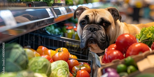 Shopping for Healthy Dog Food in a Pet-Friendly Grocery Store with Colorful Vegetables. Concept Pet-Friendly Grocery Stores, Healthy Dog Food, Colorful Vegetables, Pet Nutrition, Pet Wellness photo