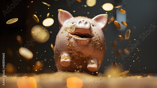 Surreal Performance Piggy Bank Saves Falling Golden Coins in High Definition Generative ai photo