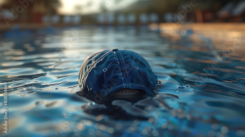 A closeup of Swimming Swim cap, against Pool as background, hyperrealistic sports accessory photography, copy space