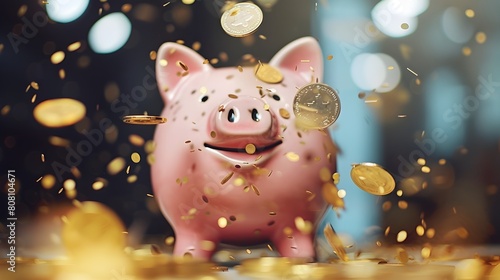 Surreal Performance Piggy Bank Saves Golden Rain of Investment Prosperity Generative ai