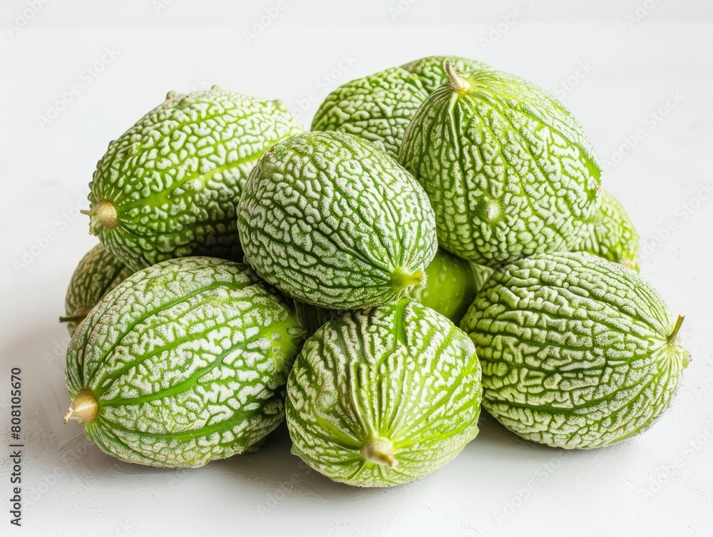 Group of bitter melons stacked casually, their green tones and textured surfaces vividly contrasting with the white background Group of bitter melons stacked casually, their green tones and textured surfaces vividly contrasting with the white background