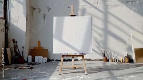 High resolution minimalistic blank canvas positioned on an easel in a bright, naturally lit artist's studio, surrounded by scattered paint tubes and brushes